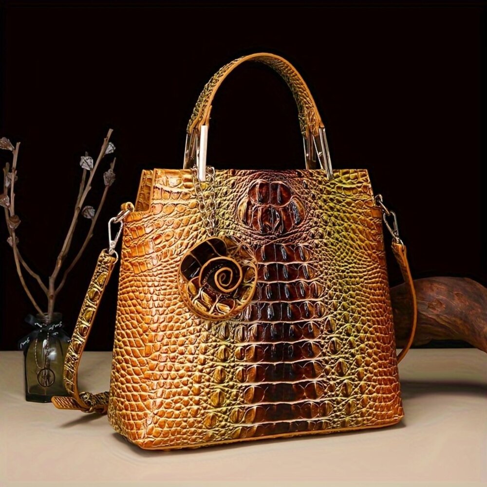 Vintage Inspired Crocodile Pattern 2 Bag Set W/ Removable Strap Vegan Leather - Picture 2 of 4